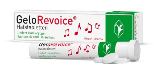 Packshot von GeloRevoice® Halstabletten gegen Halsschmerzen, Heiserkeit oder Stimmprobleme. Vor der Verpackung liegt das Röhrchen mit den Tabletten darin.